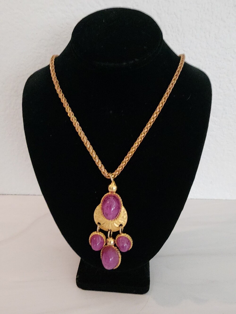 Vintage Les Bernard 14 Gold Plated Necklace with Amethyst Cabochons